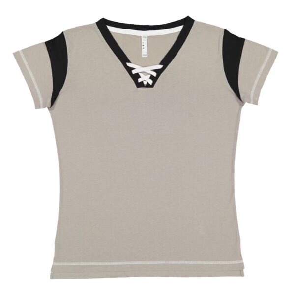 SEW N STITCHES - NEXT LEVEL = Women's Lace Up Fine Jersey Tee Thumbnail