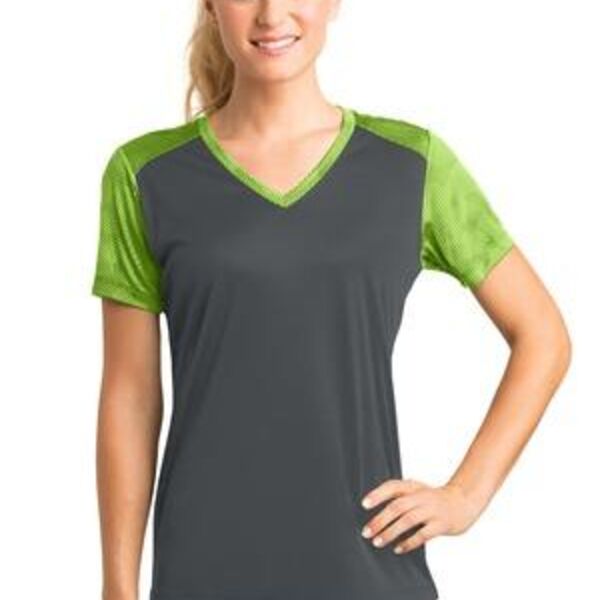 SEW N STITCHES -SPORT-TEK - Ladies CamoHex Colorblock V Neck Tee Thumbnail